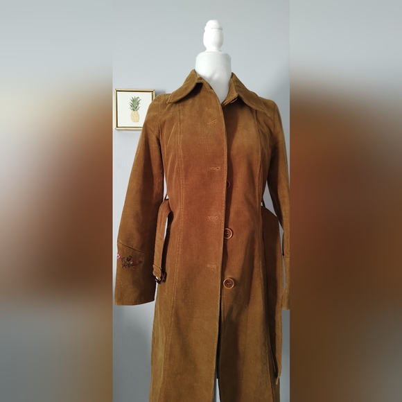 Jean Basic  Women Long Jacket Corduroy Style 70s' Vintage Embroidery Size Medium - Picture 4 of 15